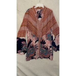 Umgee Black Floral Bohemian Long Bell Sleeve V-Neck Knee Length Dress L